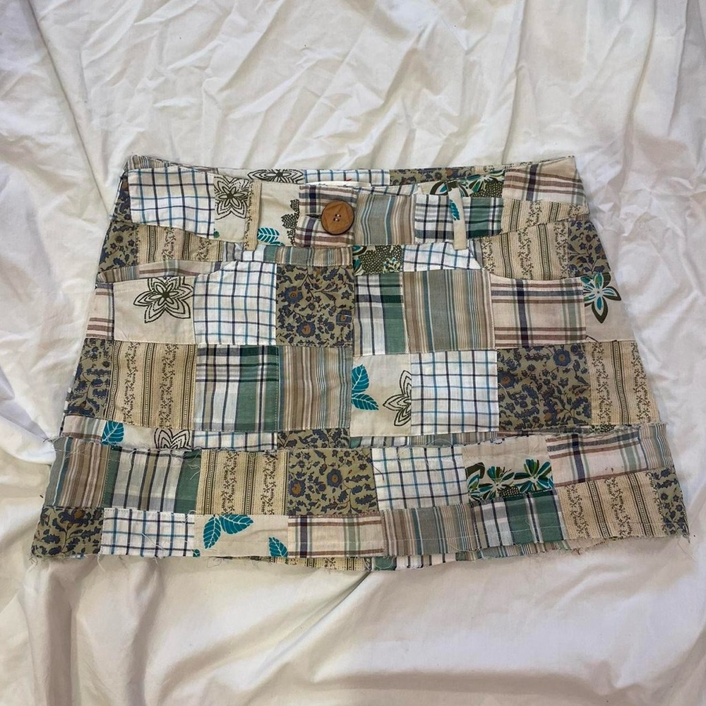 blue green nude tan and white floral paisley Patchwork mini skirt wood button